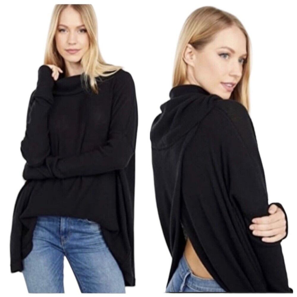 Free People Juicy Long Sleeves Top Sz XS Oversized Black Knit Thermal Tunic Boho